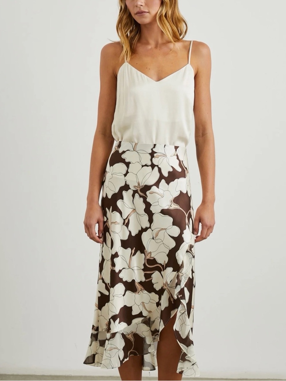 Rails Adia Mocha Floral Midi Skirt Brown Cream Ruffle Hem Eco Collection 
Small